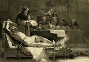 Catholics torturing a 'heretic' by burning his feet