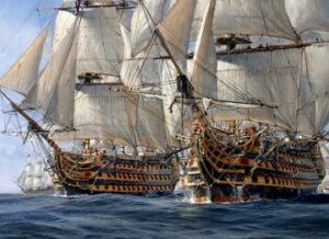 Temeraire and Victory at Trafalgar by Richard Grenville