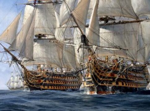 Temeraire and Victory at Trafalgar by Richard Grenville