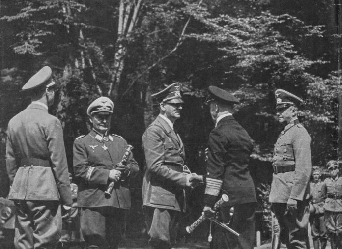 The meeting of fascist leaders before armistice with Francein Compiegne. From left to right: Deputy Fuhrer Rudlof Hess, Reichsmarschall Hermann Goring, Adolf Hitler, Admiral Erich Raeder and Field Marshal Walter von Brauchitsch.