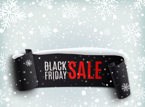Black Friday sale background with black realistic ribbon banner and snow