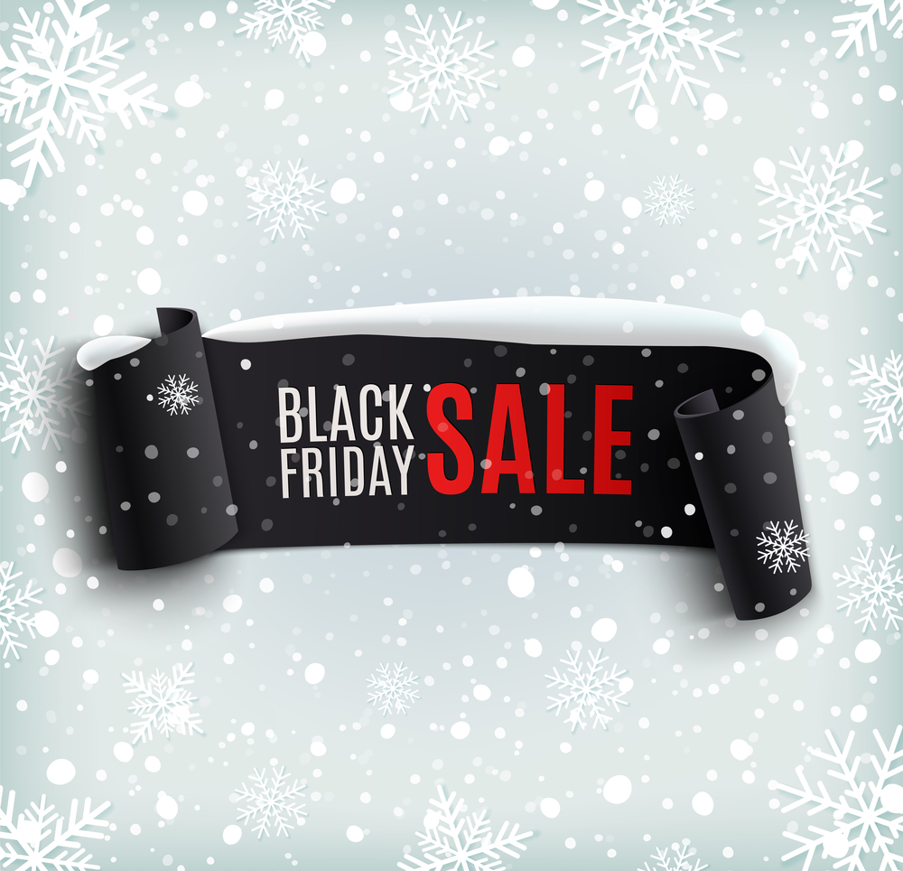 Black Friday sale background with black realistic ribbon banner and snow