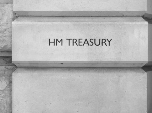 HM Treasury sign in London, black and white