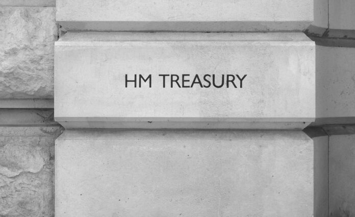 HM Treasury sign in London, black and white