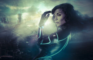 Future woman concept, black latex with neon lights over city ​