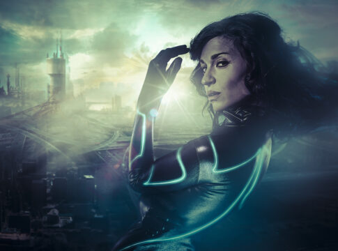 Future woman concept, black latex with neon lights over city ​