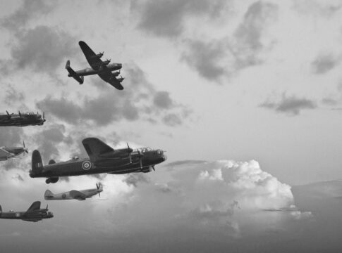 Black and white retro image of Batttle of Britain WW2 airplanes