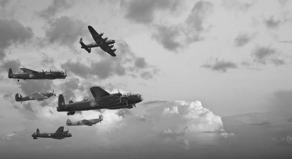 Black and white retro image of Batttle of Britain WW2 airplanes