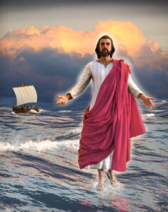 Jesus Christ walking on water with the disciples in a fishing bo
