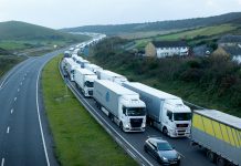 HGV Lorries queue on the M20 motorway outside Dover