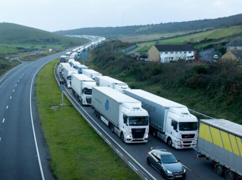 HGV Lorries queue on the M20 motorway outside Dover