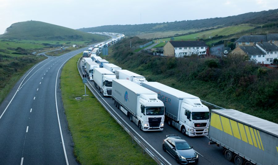 HGV Lorries queue on the M20 motorway outside Dover