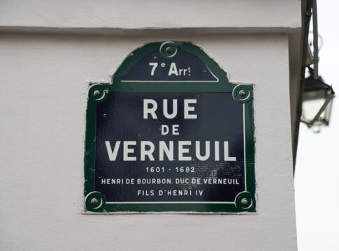 Closeup of Verneuil street on the famous parisian retro plate in