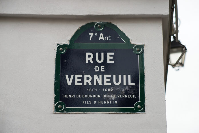 Closeup of Verneuil street on the famous parisian retro plate in