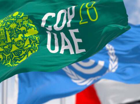 copout28 Flags of COP28, UNFCCC and UAE waving on a clear day.