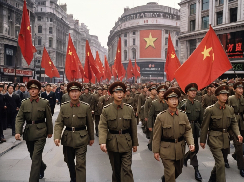 Piccadilly Circus, London_valiant_Chinese_communist_troops_marching_throug_1