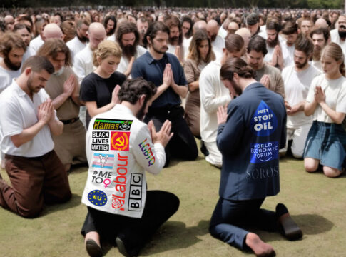WOKE_brainwashed_cult_members_all_praying_and_bending_knee_self loathing West