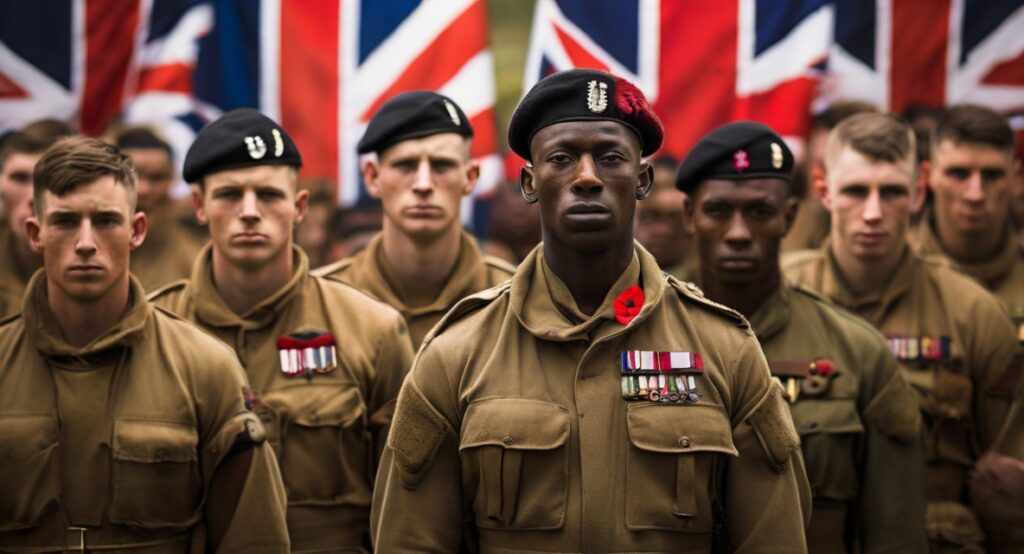 Default_A_diverse_group_of_proud_British_soldiers_stand_tall_a_1