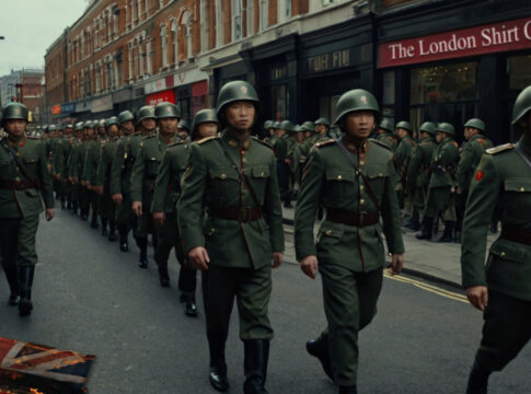 CHINESE PLA ARMY MARCHING THROUGH LONDON STREET looming war